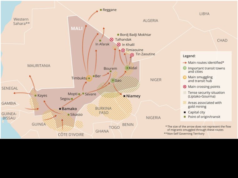 Principaux itinéraires de trafic de migrants dans et vers le Mali (2020/2021)